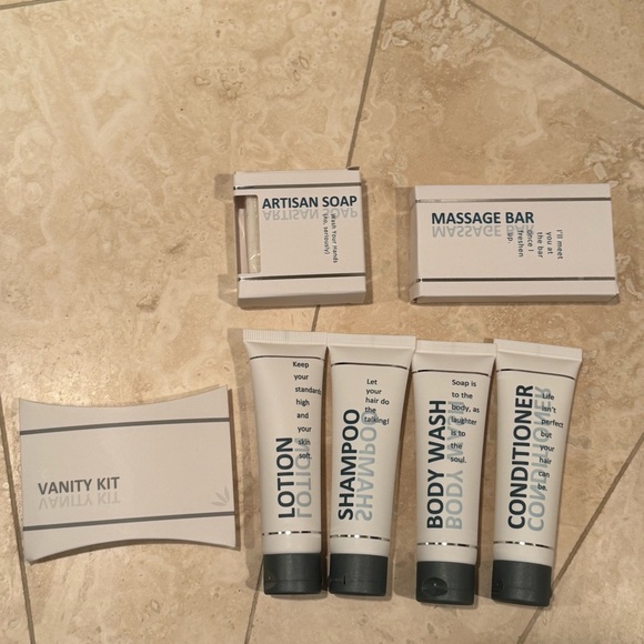 Travel Size Toiletries Set - Soap & Massage Bar, Lotion, Shampoo, and Body Wash - Picture 2 of 2